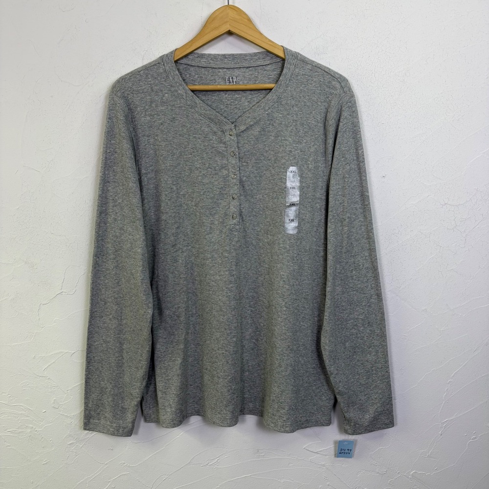 Gap LS Rib Henley Mens XXL Grey Long Sleeve Button Neck Casual Basics